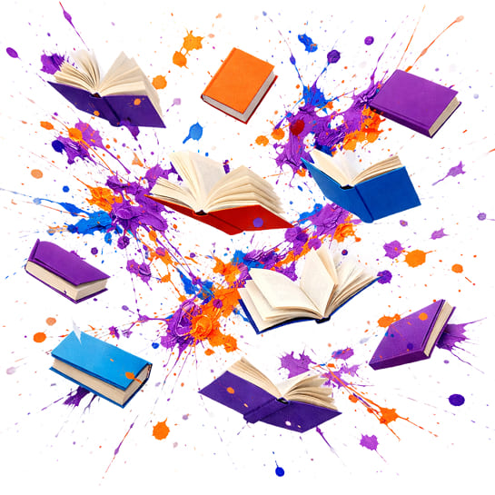 Un'esplosione di libri e sapere per un'idea di consuelnza online innovativa e agile a distanza fuori da uno spazio fisico